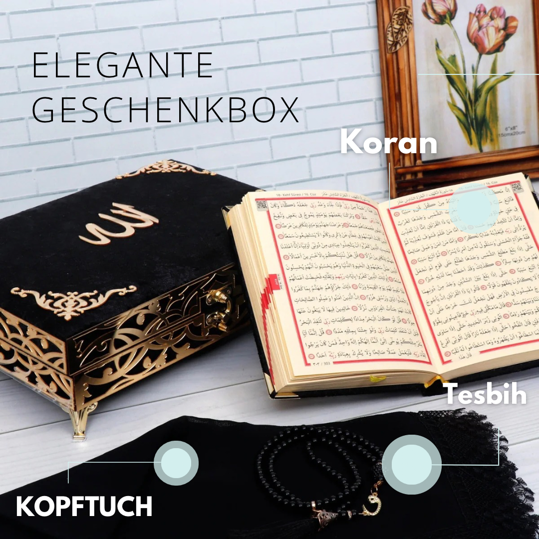 Elegante Geschenkbox mit Koran, Kopftuch & Tesbih